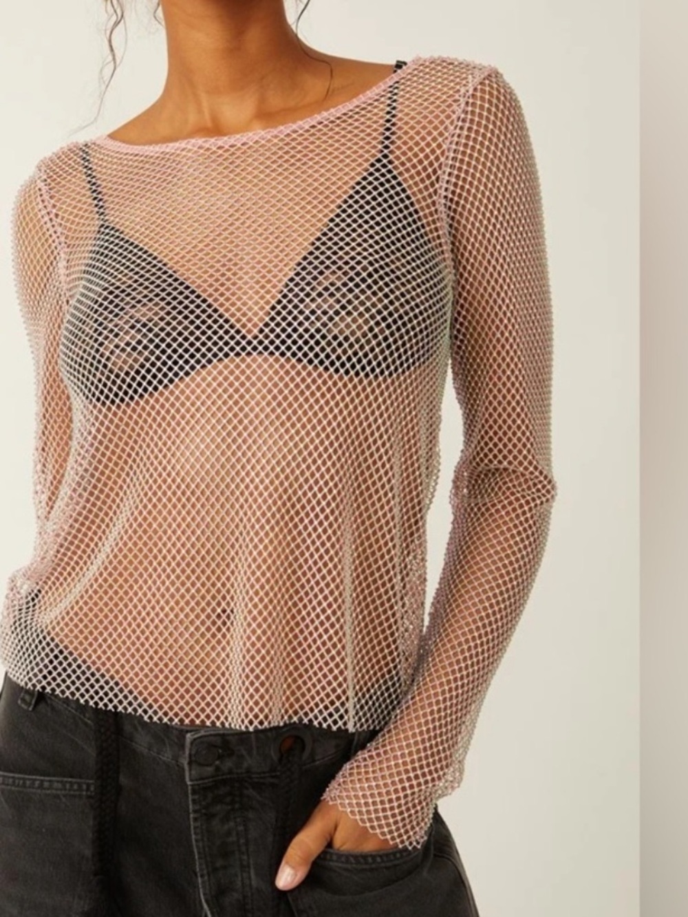 ORANGE KISS Long Sleeve Rhinestone Top Blush Pink Size SM Sheer Sparkly Mesh